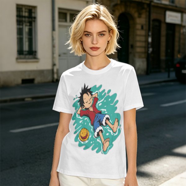 Olive anime t-shirt with Luffy relaxing in water print