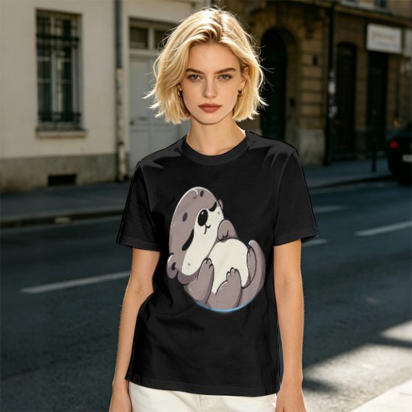Olive Green T-Shirt with Cute Sleeping Otter Graphic