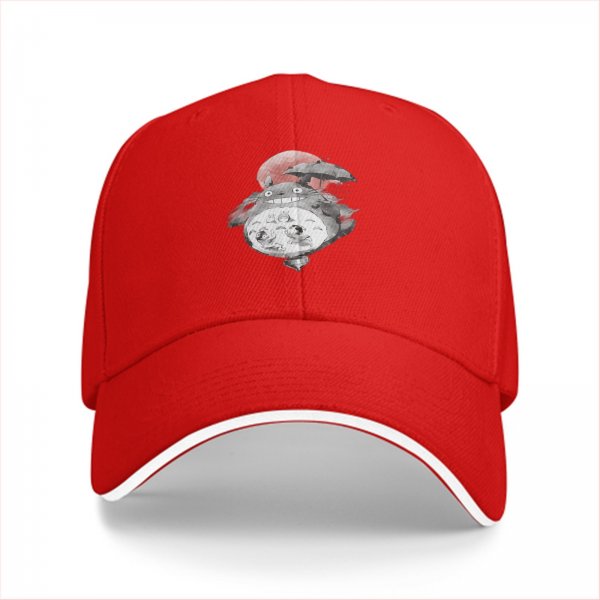 Black baseball cap with Totoro holding umbrella and red sun graphic