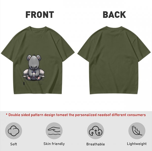 Olive T-shirt with Angry Koala Holding a Small Toy Print