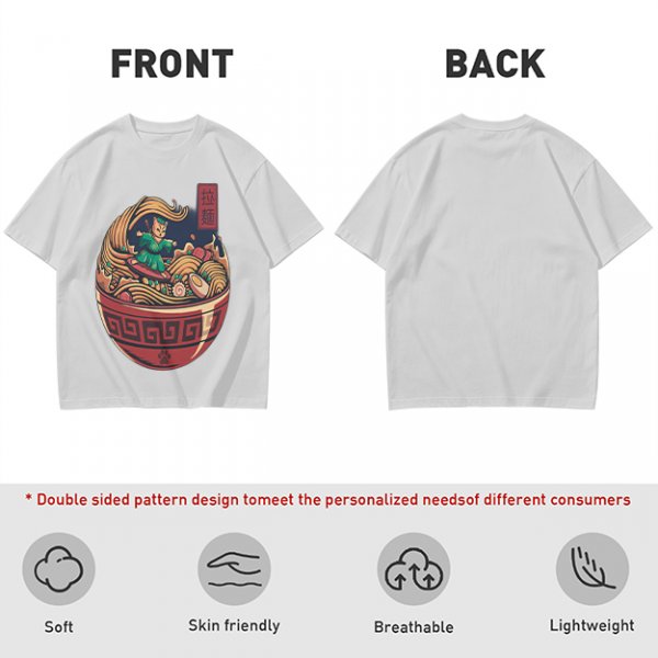 Olive T-shirt with Samurai Cat Surfing Ramen Bowl Art