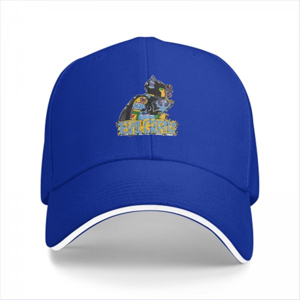 Black baseball cap with colorful cat graphic and Evil Girls text