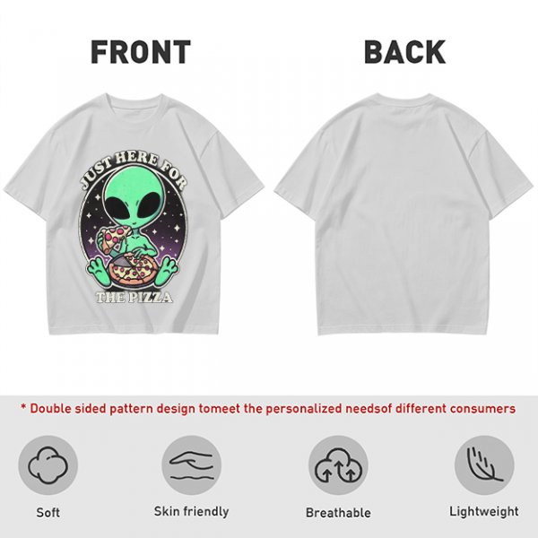 Olive green t-shirt with alien eating pizza text Just Here For The Pizza
