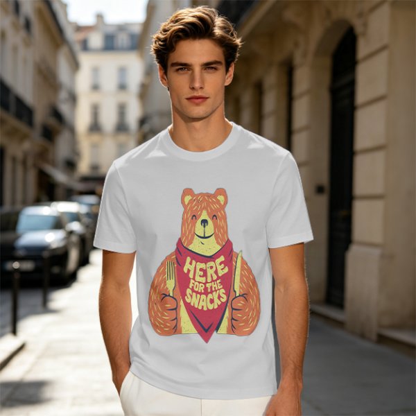 Olive T-Shirt With Happy Bear Holding Fork And Knife Here For Snacks Print