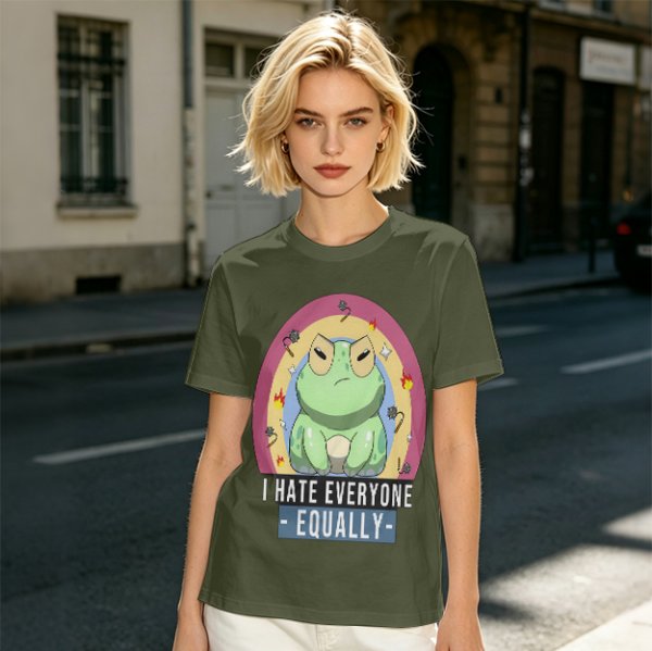 Olive T-Shirt With Grumpy Frog 'I Hate Everyone Equally' Print