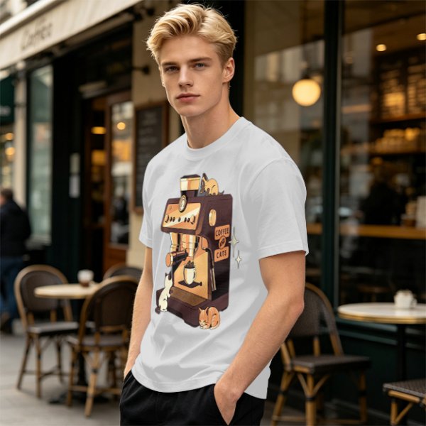 Olive t-shirt with espresso machine and cats graphic