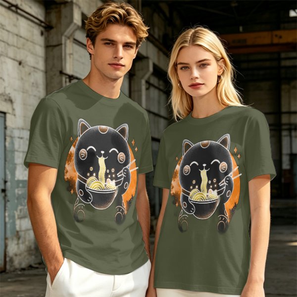 Olive T-Shirt Featuring Black Maneki-neko Cat Eating Ramen