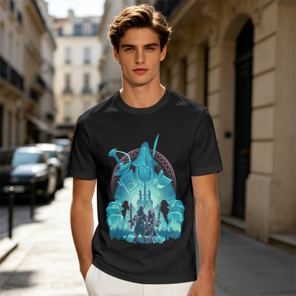 Fantasy warrior ghost print olive green graphic t-shirt