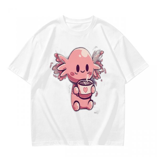 Olive T-Shirt With Cute Axolotl Holding Hot Drink Print
