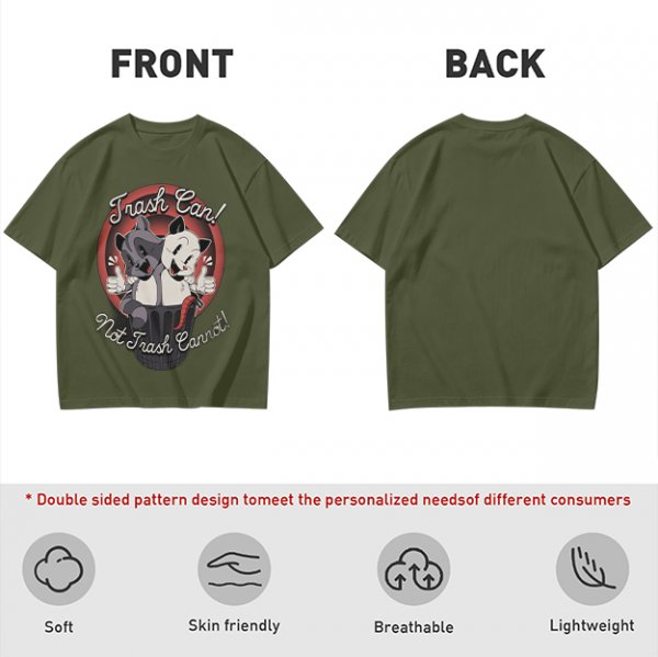 Olive t-shirt with retro cartoon raccoon and dog trash can print