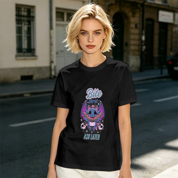 Olive graphic t-shirt with bat cat holding watermelon and 'Bite First Ask Later' text