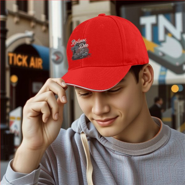 Black baseball cap with Relax Die skeleton palm tree graphic