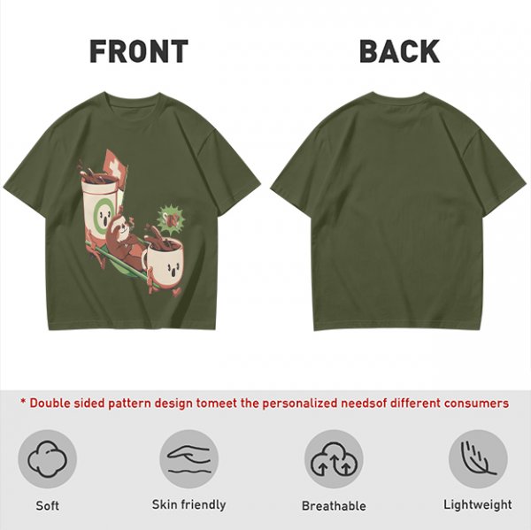 Olive green graphic tee with a sloth relaxing between anthropomorphic coffee mugs