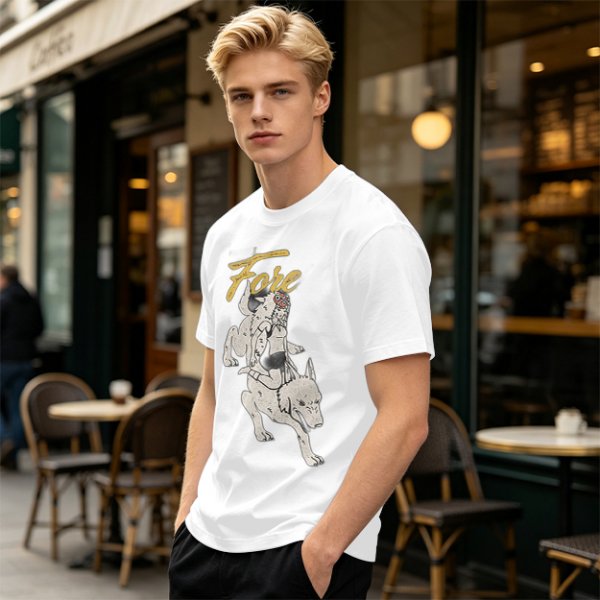 Olive graphic t-shirt with wolf rider and 'Fore' text print