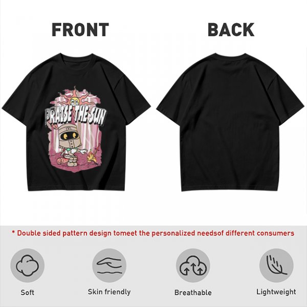 Olive t-shirt with cartoon knight 'Praise the Sun' graphic