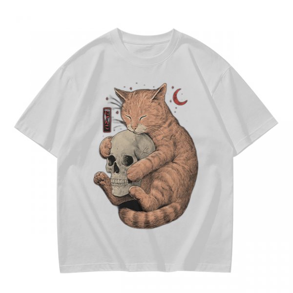 Olive T-Shirt Featuring a Ginger Cat Hugging a Skull