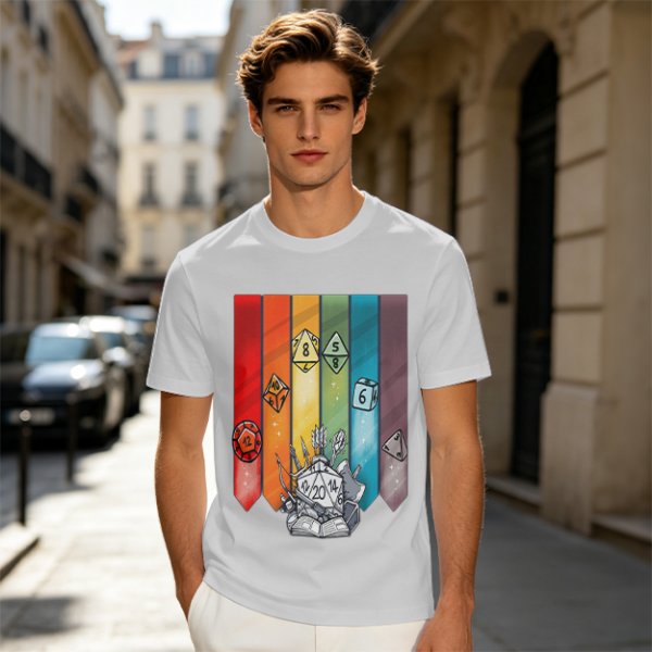 Dungeons and Dragons Polyhedral Dice Rainbow Graphic T-Shirt