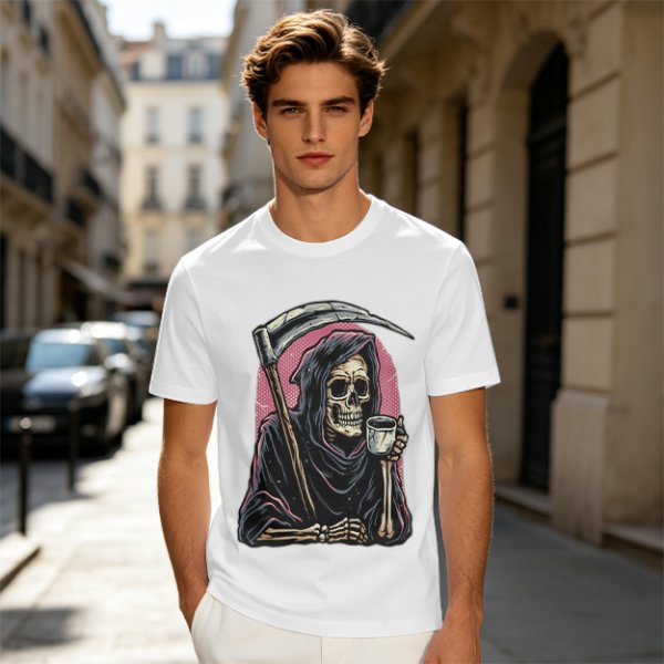 Olive T-Shirt Featuring Grim Reaper Holding Coffee and Scythe