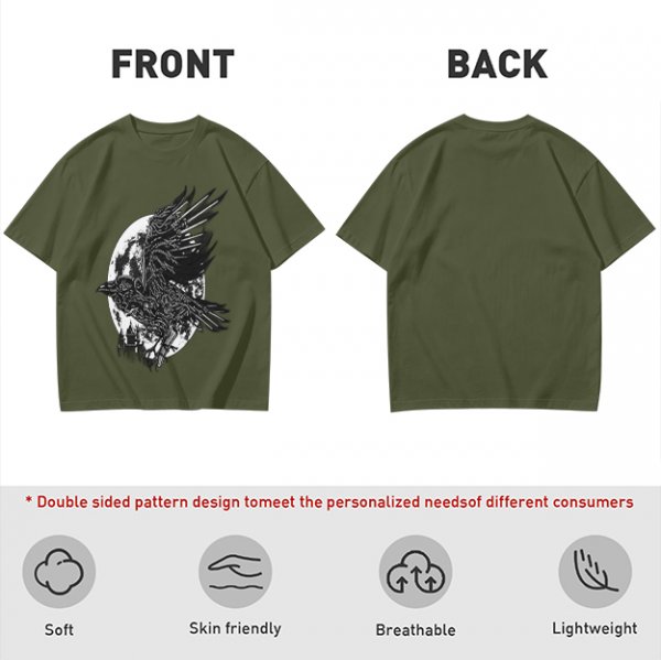 Olive Graphic T-Shirt with Mechanical Raven and Full Moon Print