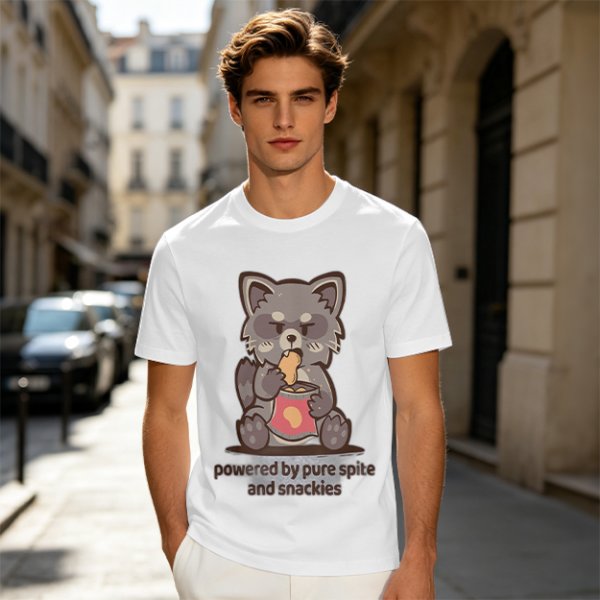 Olive t-shirt with a raccoon eating snacks and 'powered by pure spite and snackies' text