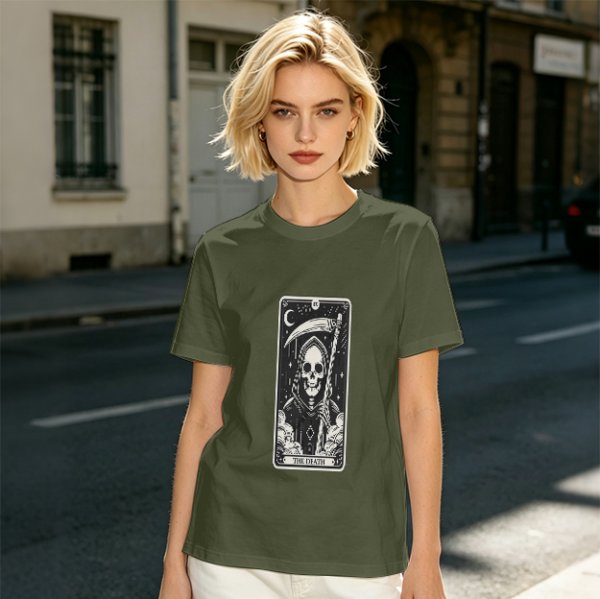 Olive T-shirt with The Death Tarot Card Grim Reaper Graphic