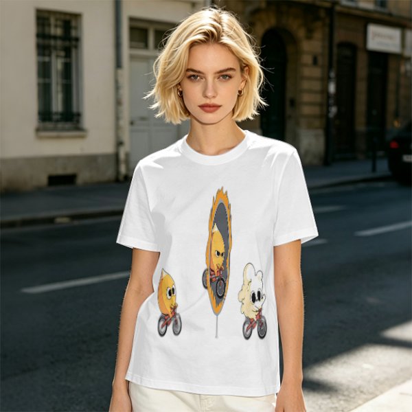 Olive T-Shirt With Cartoon Characters Riding Bikes Through Portal