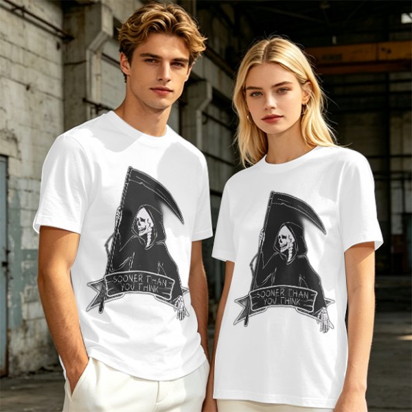 Olive Grim Reaper Graphic T-Shirt With Sooner Than You Think Text
