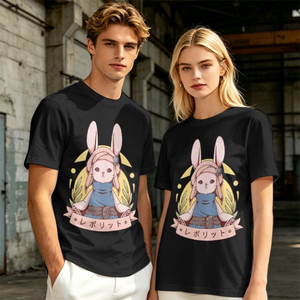 Olive T-shirt with Cute Rabbit Character and Japanese Text Print