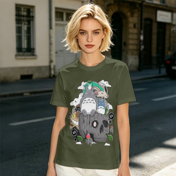 Olive T-shirt with Studio Ghibli Totoro and Spirited Away Characters Print