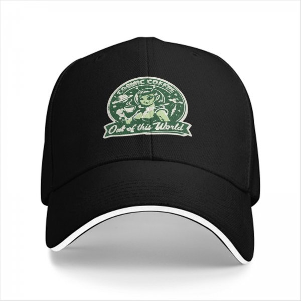 Black baseball cap with cosmic coffee alien girl graphic