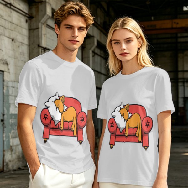 Olive green t-shirt with a sleeping orange cat on a red armchair print