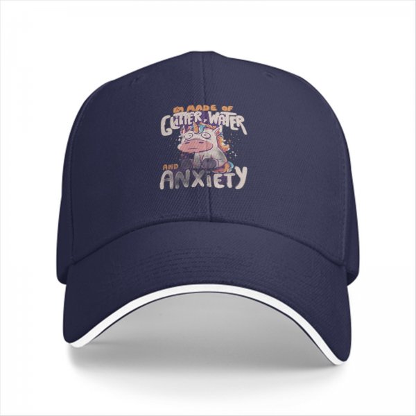 Black baseball cap with glitter water and anxiety unicorn print