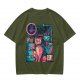 Olive T-Shirt with Cyberpunk Pink Cat and Robotic Tech Print