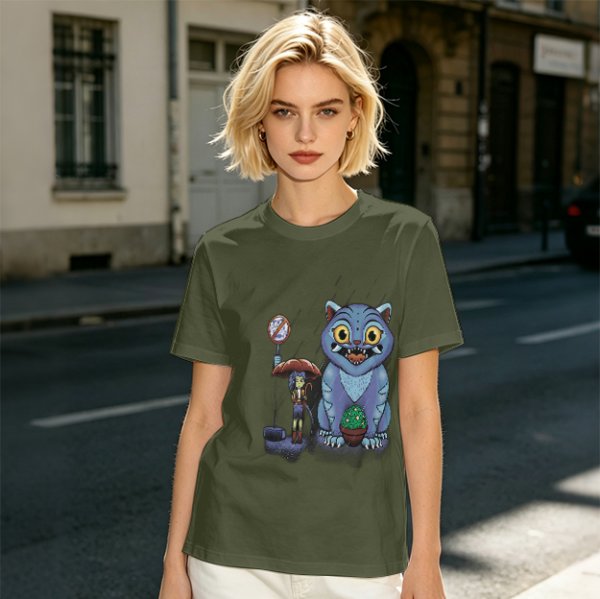 Olive T-Shirt With Whimsical Blue Cat And Mushroom Figure Print