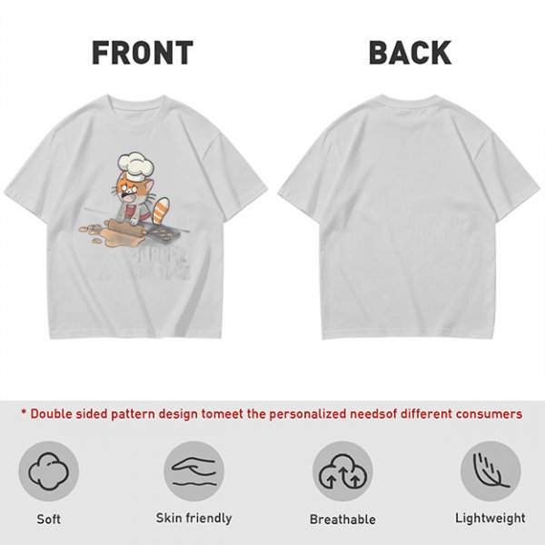 Olive T-shirt with a stressed cartoon cat baking cookies
