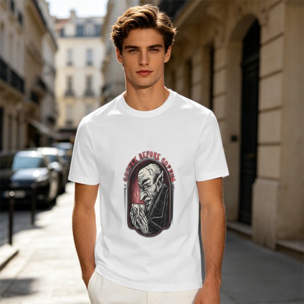 Olive T-Shirt with Vampire Coffee Before Coffin Graphic Print