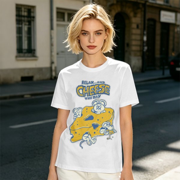 Olive graphic t-shirt with 'Relax and Cheese the Day' and mice on cheese
