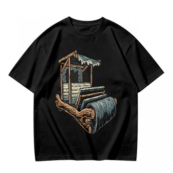 Olive T-Shirt With Rustic Wooden Cart Print