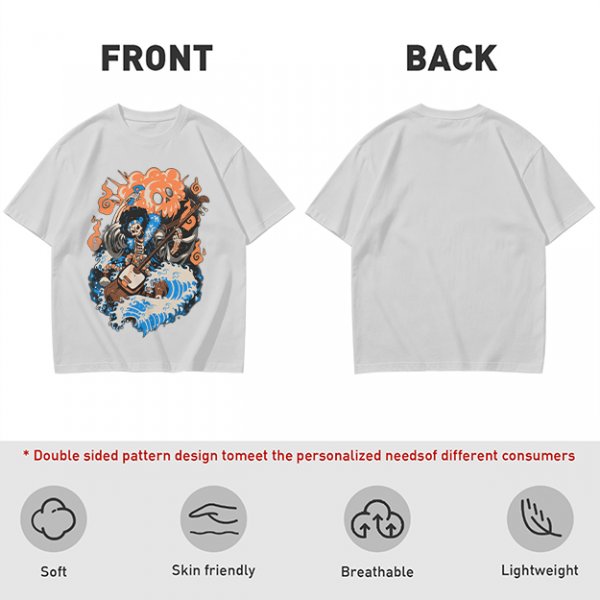 Olive T-shirt with Skeleton Musician Playing Guitar Over Ocean Waves