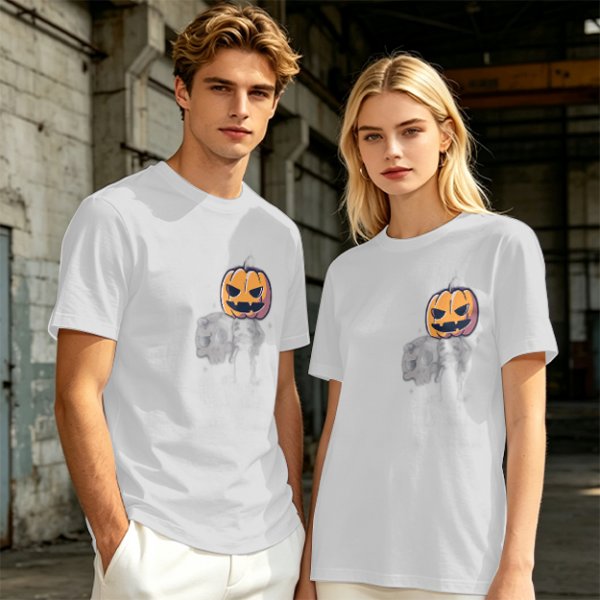 Olive Green T-Shirt with Halloween Jack-o'-Lantern and Skull Print