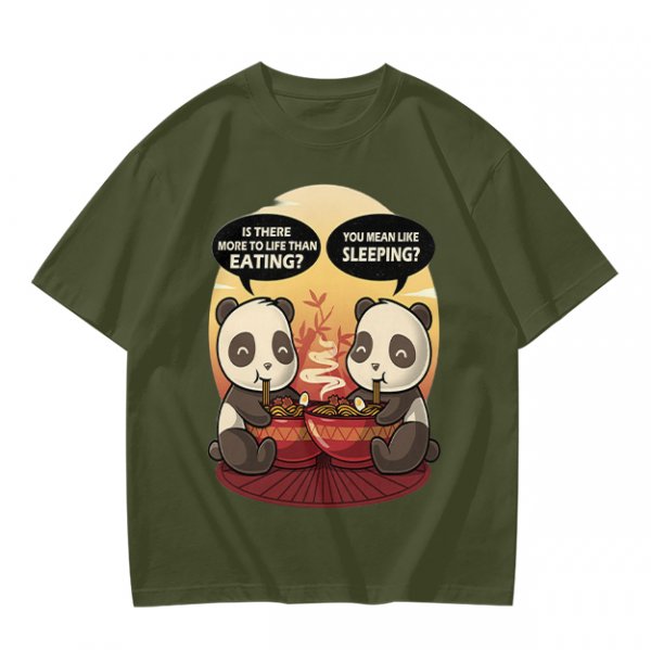 Olive t-shirt with pandas debating life beyond eating and sleeping