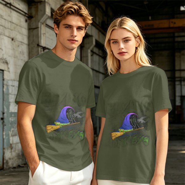 Olive T-Shirt with Witch Hat and Broom Halloween Graphic