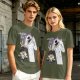 Olive graphic tee with Wednesday and Enid cartoon wolf design