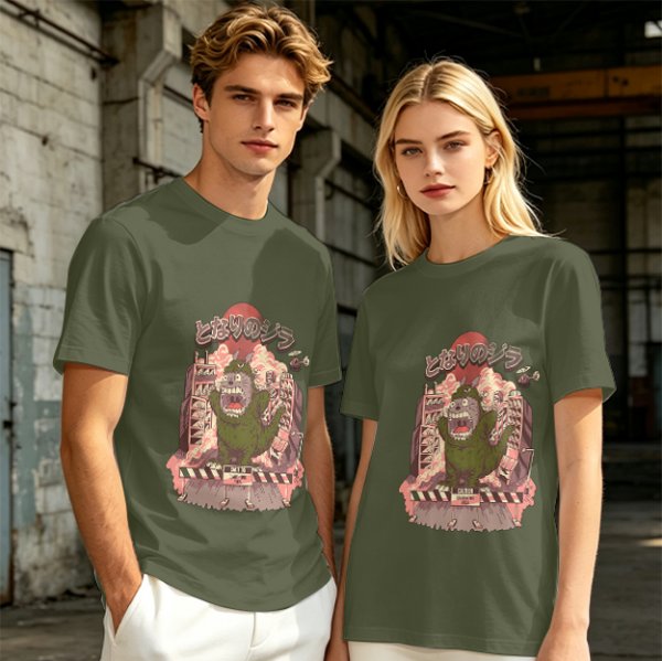 Olive T-shirt with parody monster anime graphic print