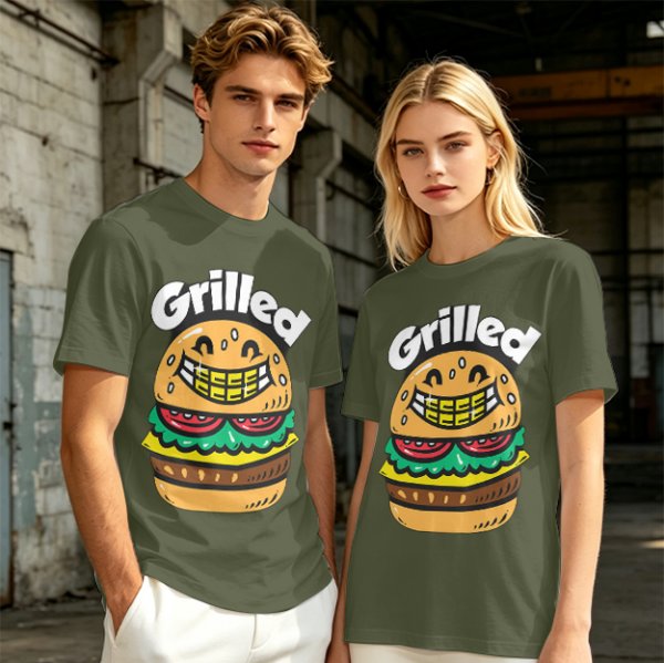 Olive T-Shirt with Smiling Grilled Burger Graphic