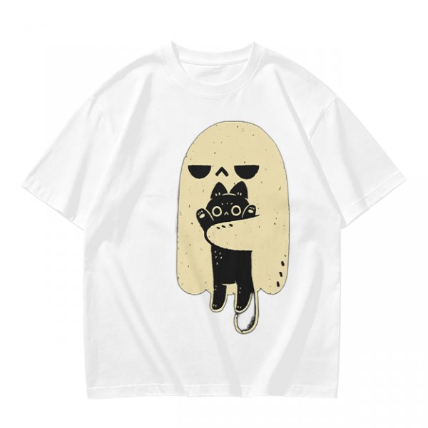 Olive T-Shirt With Ghost Holding Black Cat Graphic