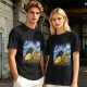 Olive T-Shirt with Starry Night Cat and Sunflowers Art Print