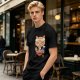 Olive green t-shirt with a cute cat eating ramen graphic