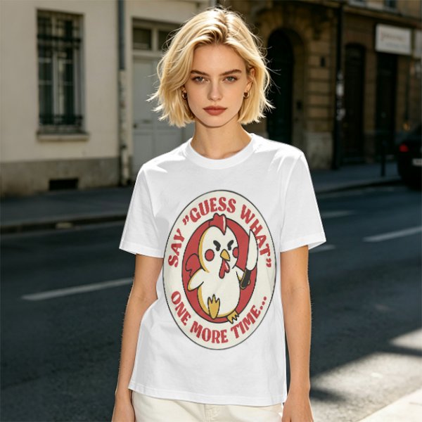 Olive t-shirt with angry chicken holding knife and funny text design