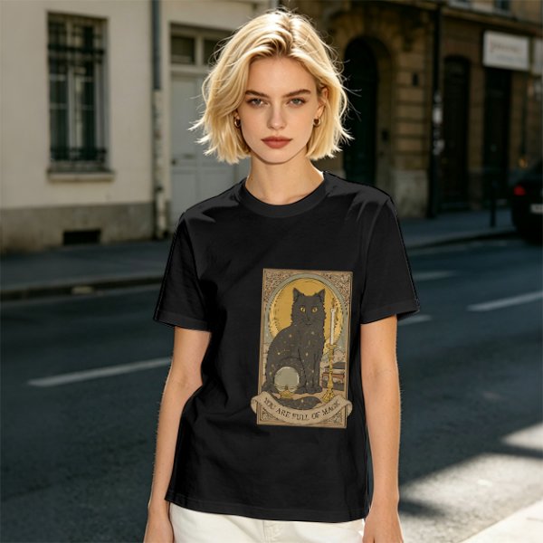 Olive T-Shirt With Black Cat Tarot Card Art That Says You Are Full Of Magic